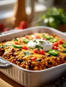Delicious Keto Taco Casserole served in a dish with toppings
