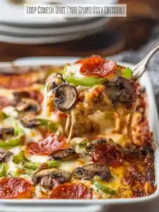 Delicious low carb pizza casserole served in a baking dish with fresh toppings.