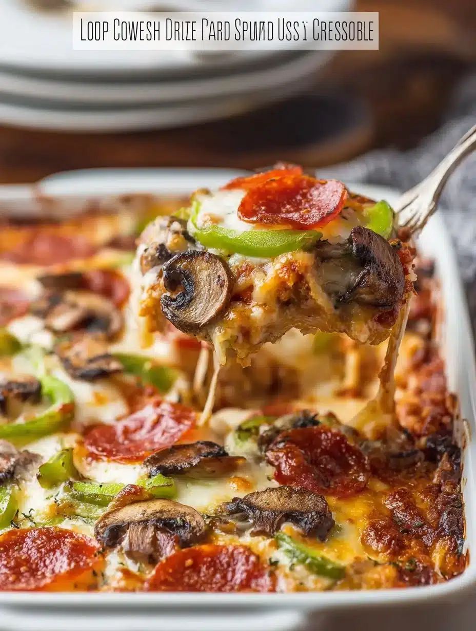 Delicious low carb pizza casserole served in a baking dish with fresh toppings.