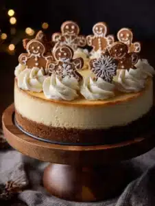 Slice of delicious Gingerbread Cheesecake topped with whipped cream and cinnamon.