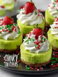 Grinch Mini Cheesecakes 4 Festive Grinch Mini Cheesecakes with green topping and holiday decorations