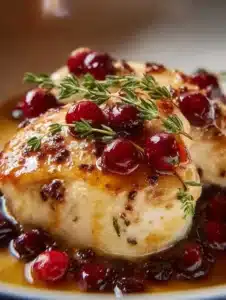 Impressive Cranberry Brie Stuffed Chicken 6 Cranberry brie stuffed chicken served on a plate garnished with herbs.