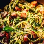 Keto creamy Tuscan zucchini noodles with sausage in a bowl
