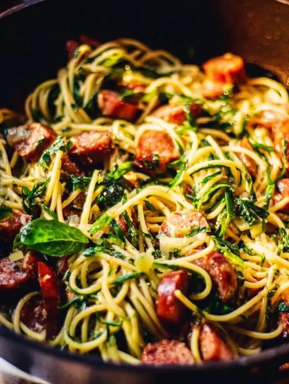 Keto creamy Tuscan zucchini noodles with sausage in a bowl