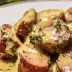 Keto-friendly Broccoli Cauliflower Au Gratin with Sausage, a creamy vegetable bake