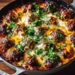 Keto Meatball Parmesan Casserole topped with cheese and herbs in a baking dish