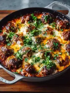 Keto Meatball Parmesan Casserole topped with cheese and herbs in a baking dish