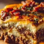 Low-carb bacon cheeseburger casserole topped with cheese and crispy bacon