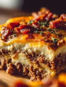 Low-Carb Bacon Cheeseburger Casserole 7 Low-carb bacon cheeseburger casserole topped with cheese and crispy bacon