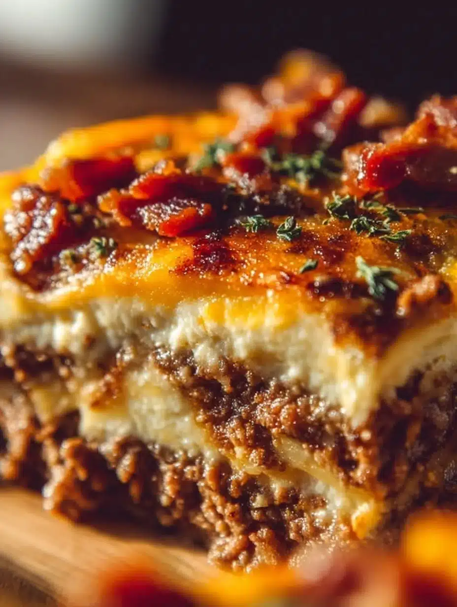 Low-carb bacon cheeseburger casserole topped with cheese and crispy bacon