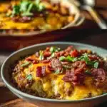 Low carb bacon cheeseburger casserole topped with melted cheese and crispy bacon.