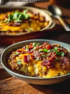 Low Carb Bacon Cheeseburger Casserole 5 Low carb bacon cheeseburger casserole topped with melted cheese and crispy bacon.