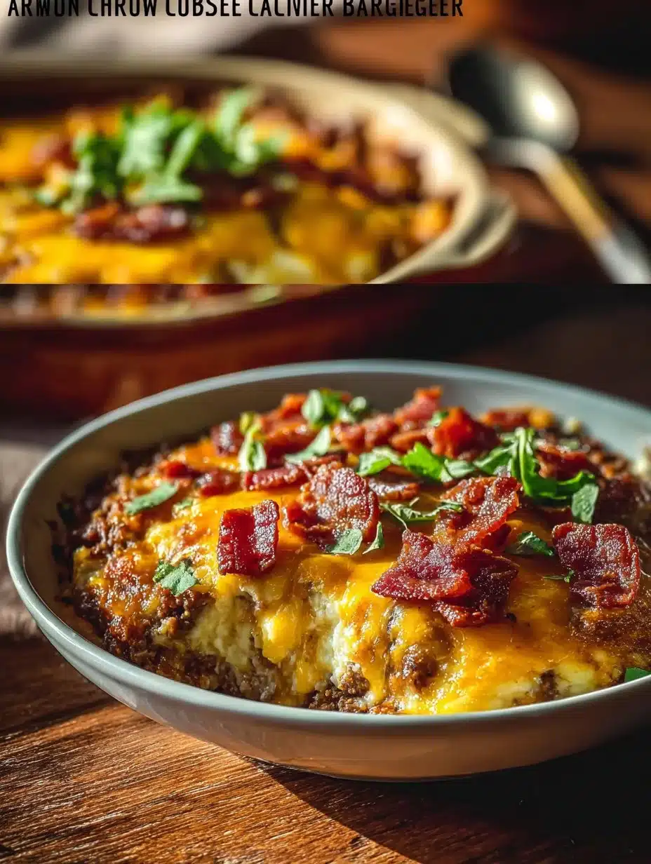Low carb bacon cheeseburger casserole topped with melted cheese and crispy bacon.