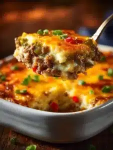 Low Carb Philly Cheesesteak Casserole topped with cheese and peppers