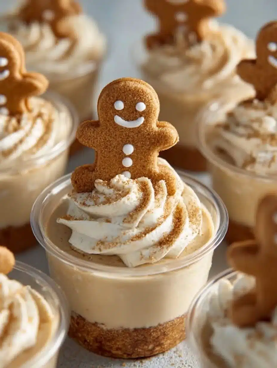 Delicious no-bake gingerbread cheesecake cups topped with whipped cream and spices.