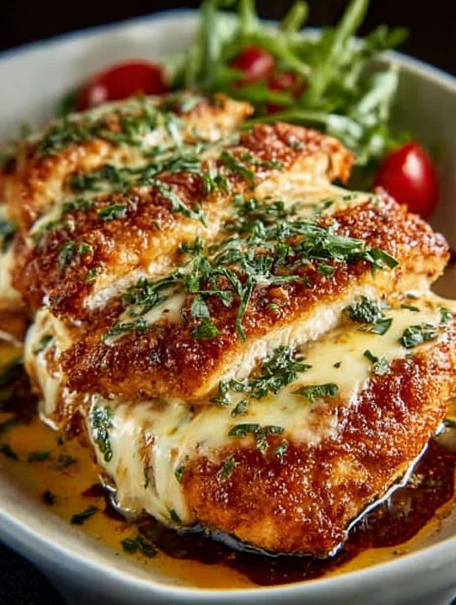 Delicious Chicken Romano Incredible Crispy plated with marinara sauce and arugula