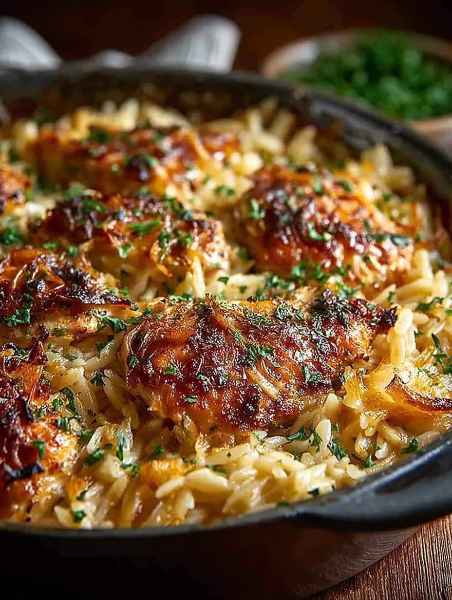 Cozy French Onion Chicken Orzo Casserole Recipe - French Onion Chicken Orzo - main visual representation