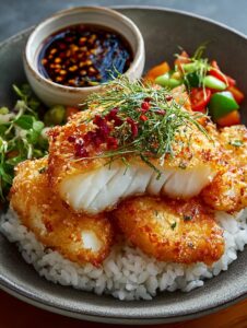 Halibut Tempura with Japanese Pickles & Spring Onion Rice 5 Halibut Tempura with Japanese