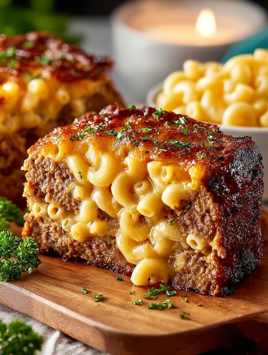 Delicious macaroni cheese stuffed meatloaf sliced to reveal cheesy filling
