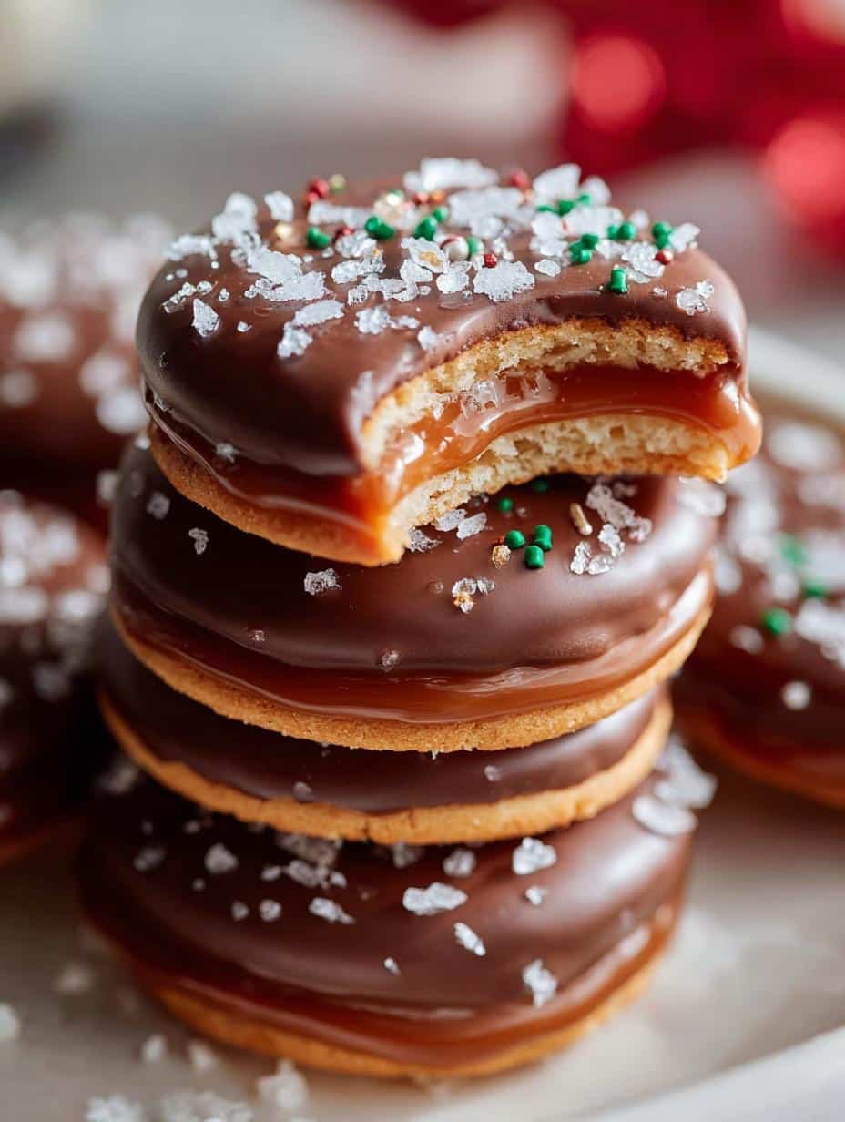 Close-up of Salted Caramel Ritz Cookies showcasing the chocolate coating and sea salt topping