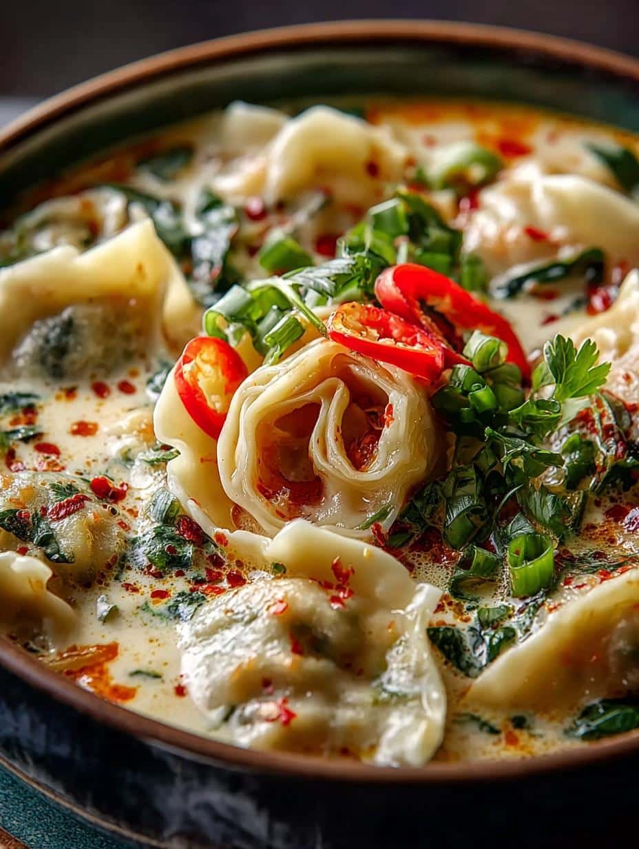 Thai Beef Potstickers Creamy in Coconut Broth 2 Irresistible Thai Beef Potstickers Creamy in Coconut Broth served in a bowl