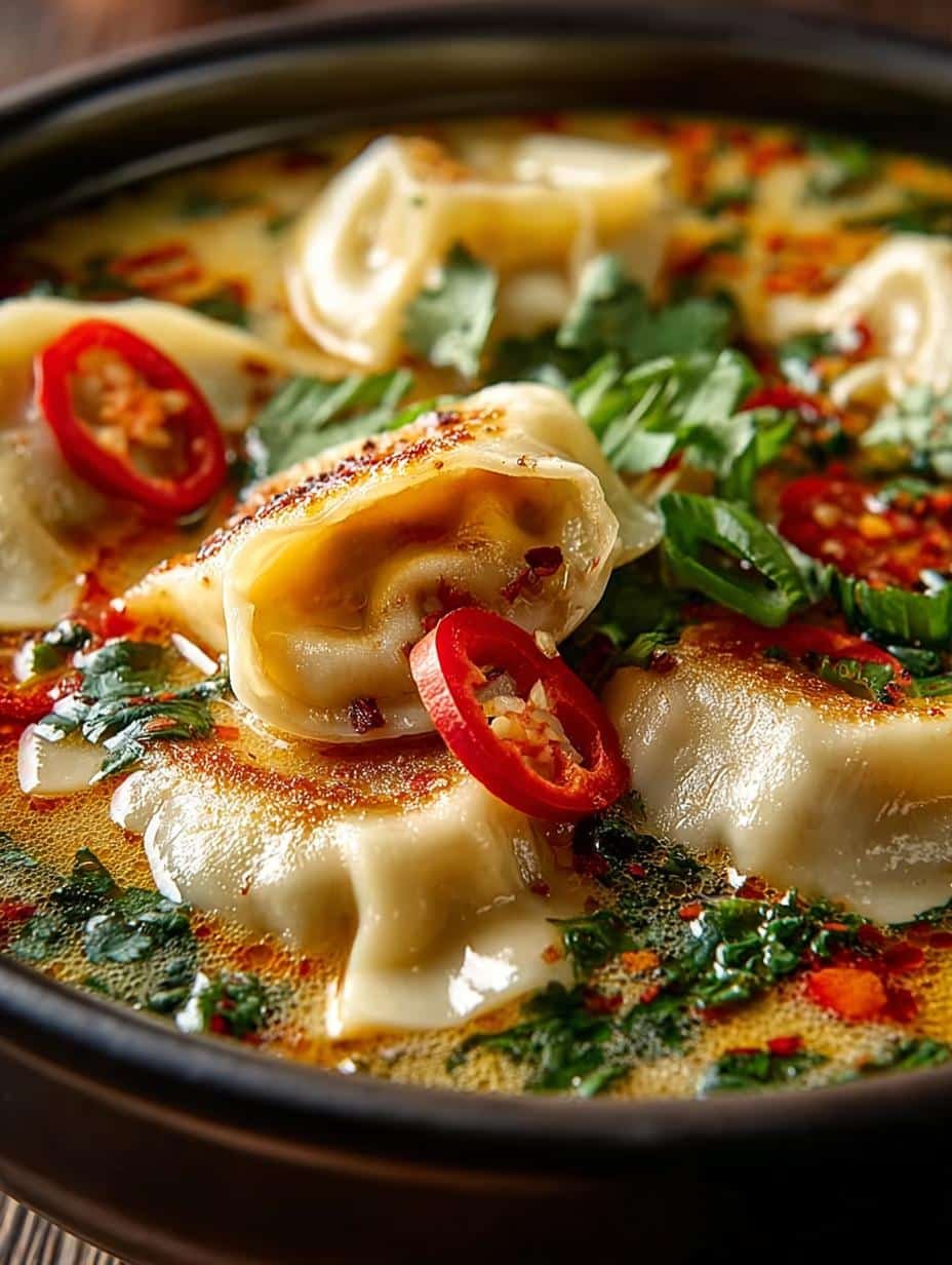 Thai Beef Potstickers Creamy in Coconut Broth 3 Delicious Thai Beef Potstickers Creamy in Coconut Broth garnished with cilantro