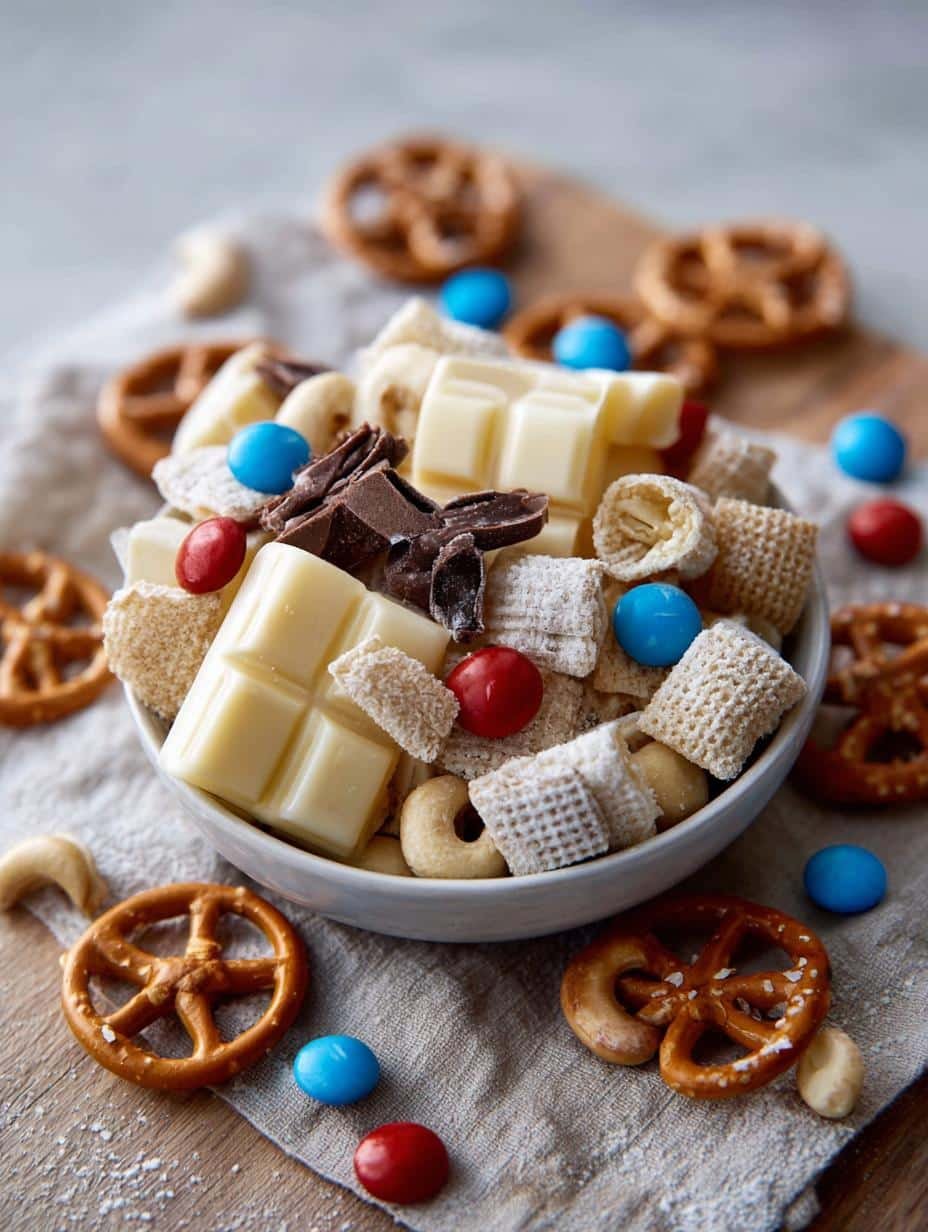 Delicious white chocolate party mix served in a bowl
