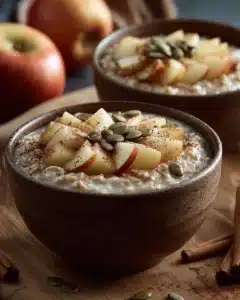 Bowl of apple and cinnamon overnight oats topped with fresh apple slices