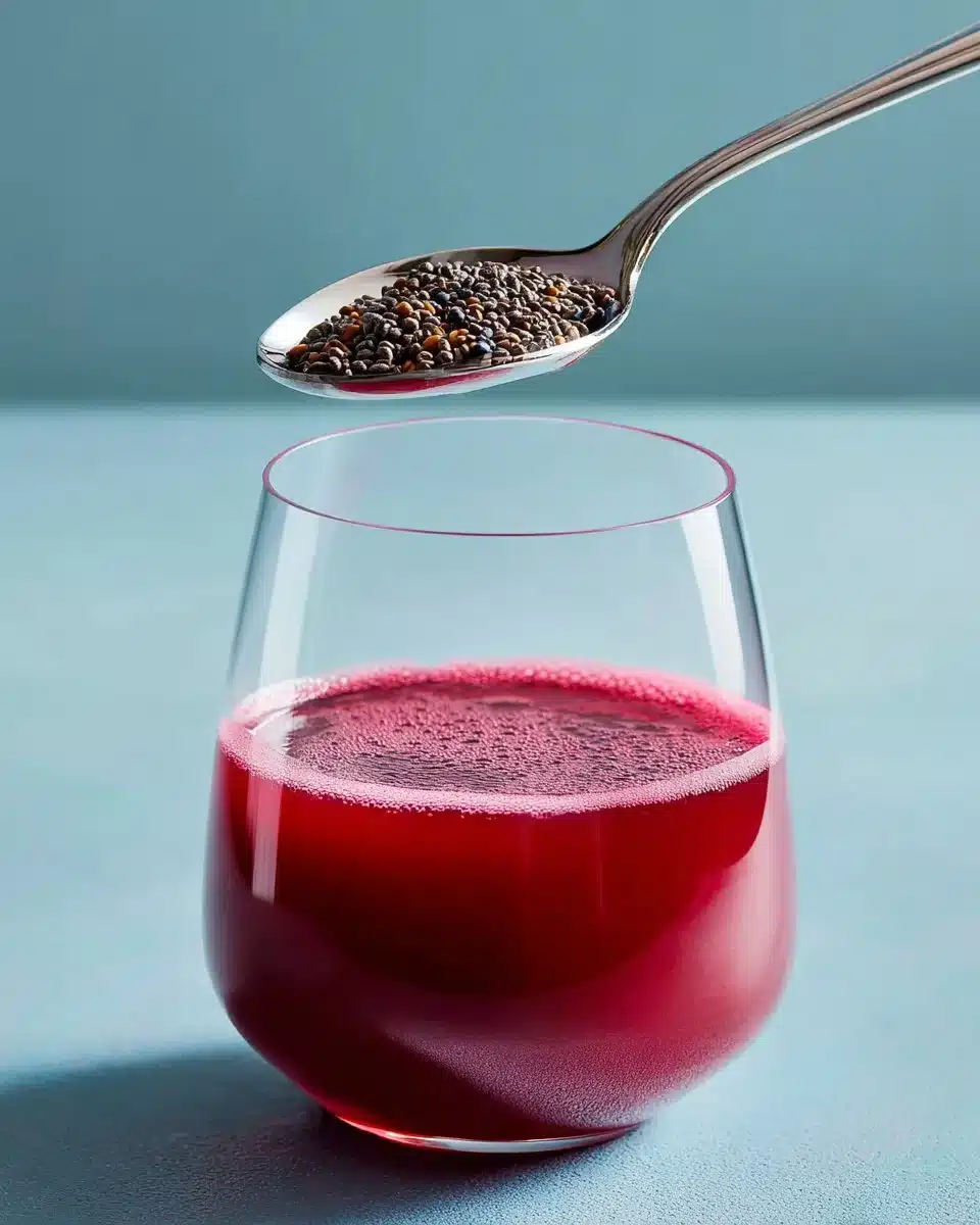 Healthy beetroot chia detox drink served in a glass with chia seeds and beetroot slices.