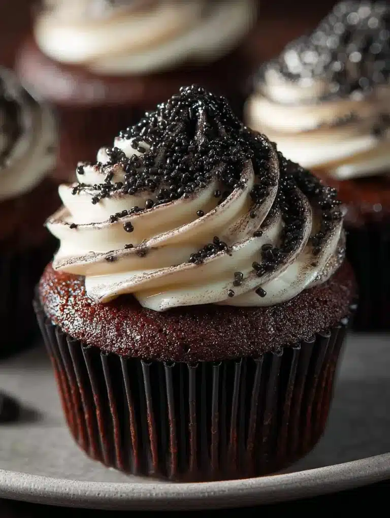 A plate of rich black cupcakes with frosting and sprinkles