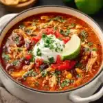 Delicious Chicken Enchilada Soup garnished with cheese and cilantro in a bowl