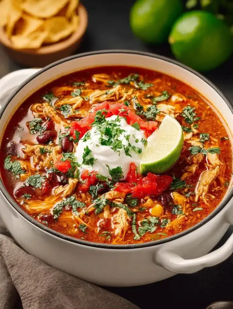Delicious Chicken Enchilada Soup garnished with cheese and cilantro in a bowl