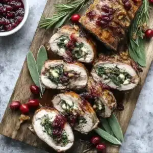 Delicious Christmas stuffed pork tenderloin served with festive sides
