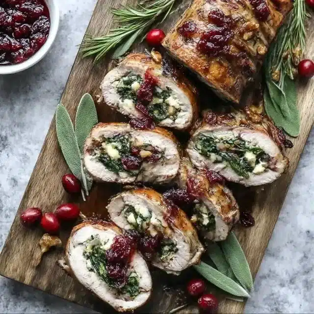 Delicious Christmas stuffed pork tenderloin served with festive sides