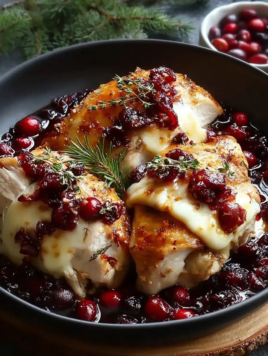 Cranberry Brie Stuffed Chicken slices on a festive dinner plate.