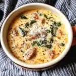Bowl of creamy Keto Italian Sausage Soup with vegetables and herbs