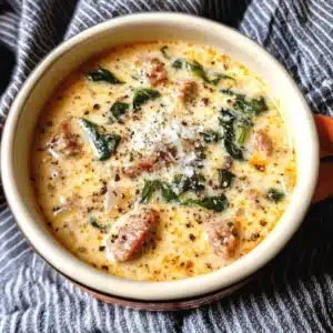 Bowl of creamy Keto Italian Sausage Soup with vegetables and herbs
