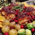 Easy Christmas sheet pan dinner recipe with festive holiday ingredients