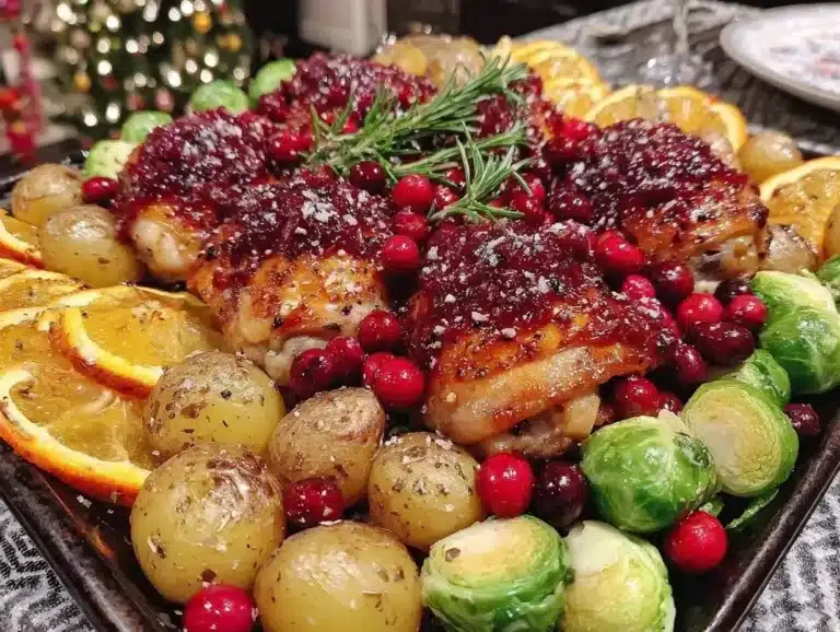 Easy Christmas sheet pan dinner recipe with festive holiday ingredients