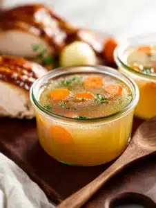 How to Make Turkey Stock 6 Homemade turkey stock simmering in a pot with herbs and vegetables.