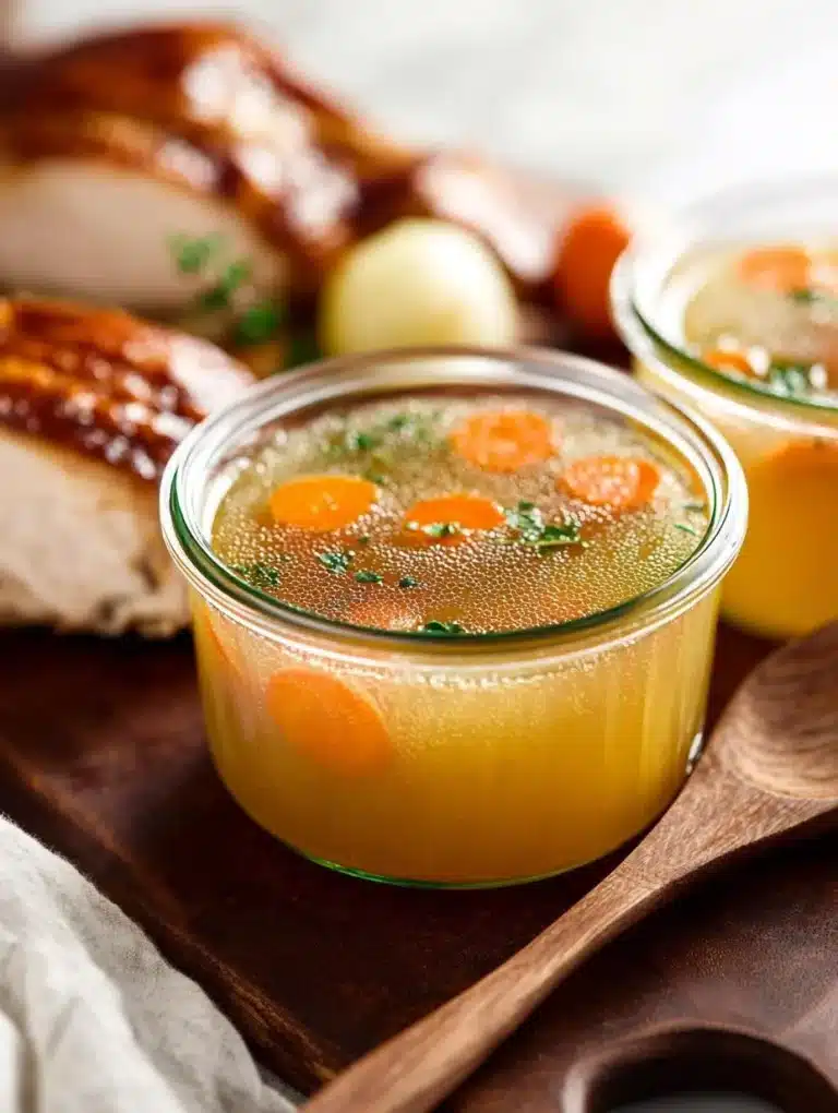 Homemade turkey stock simmering in a pot with herbs and vegetables.