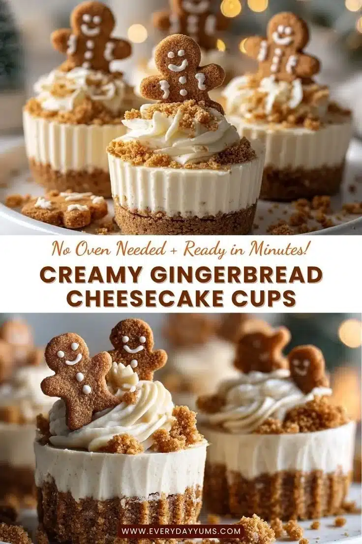No-bake gingerbread cheesecake cups topped with whipped cream and gingerbread crumbs.
