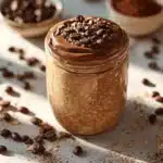 Delicious bowl of shaken espresso overnight oats topped with fresh fruits