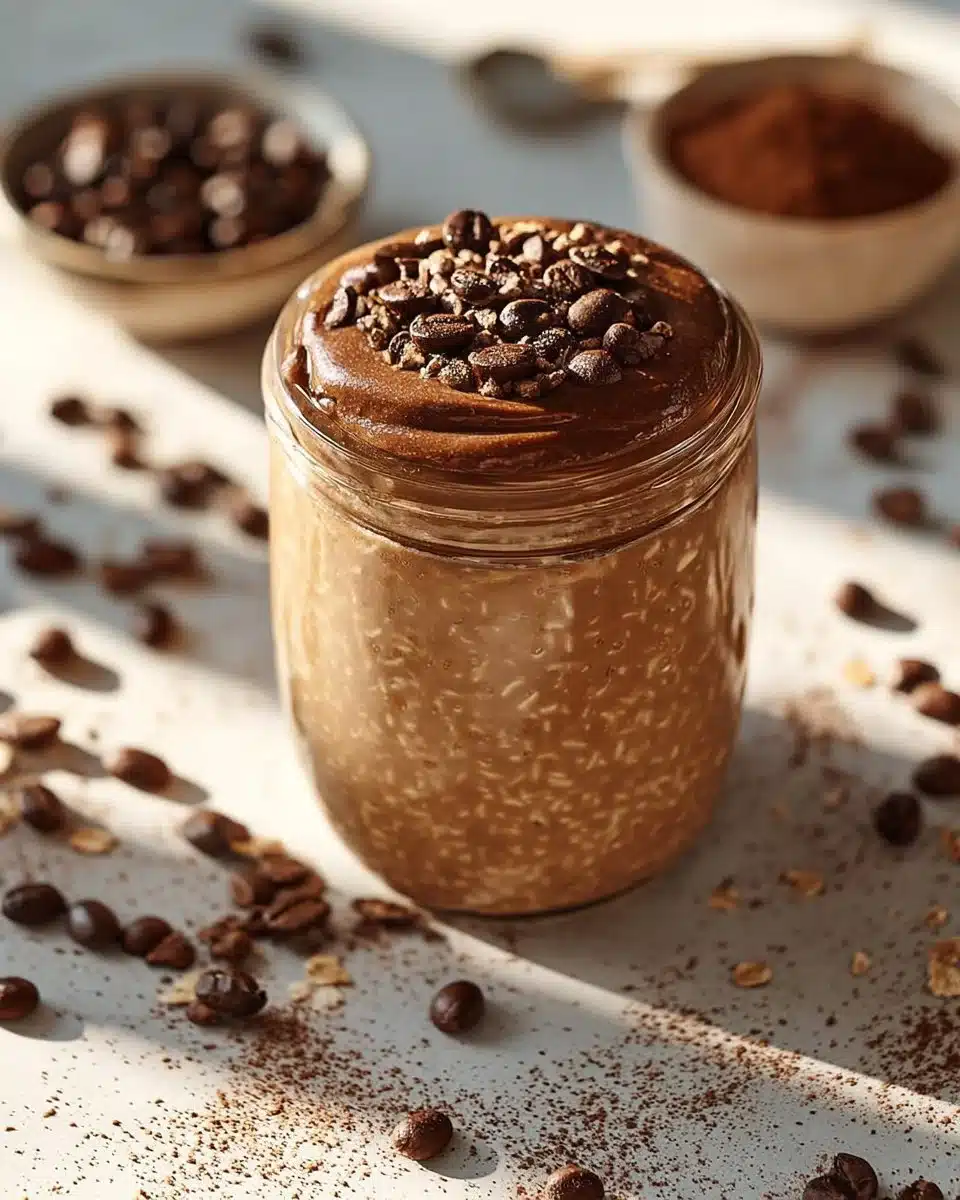 Delicious bowl of shaken espresso overnight oats topped with fresh fruits