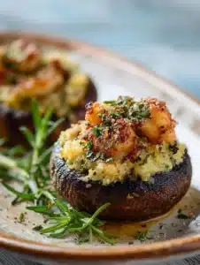 Delicious shrimp stuffed Portobello mushrooms garnished and ready to serve