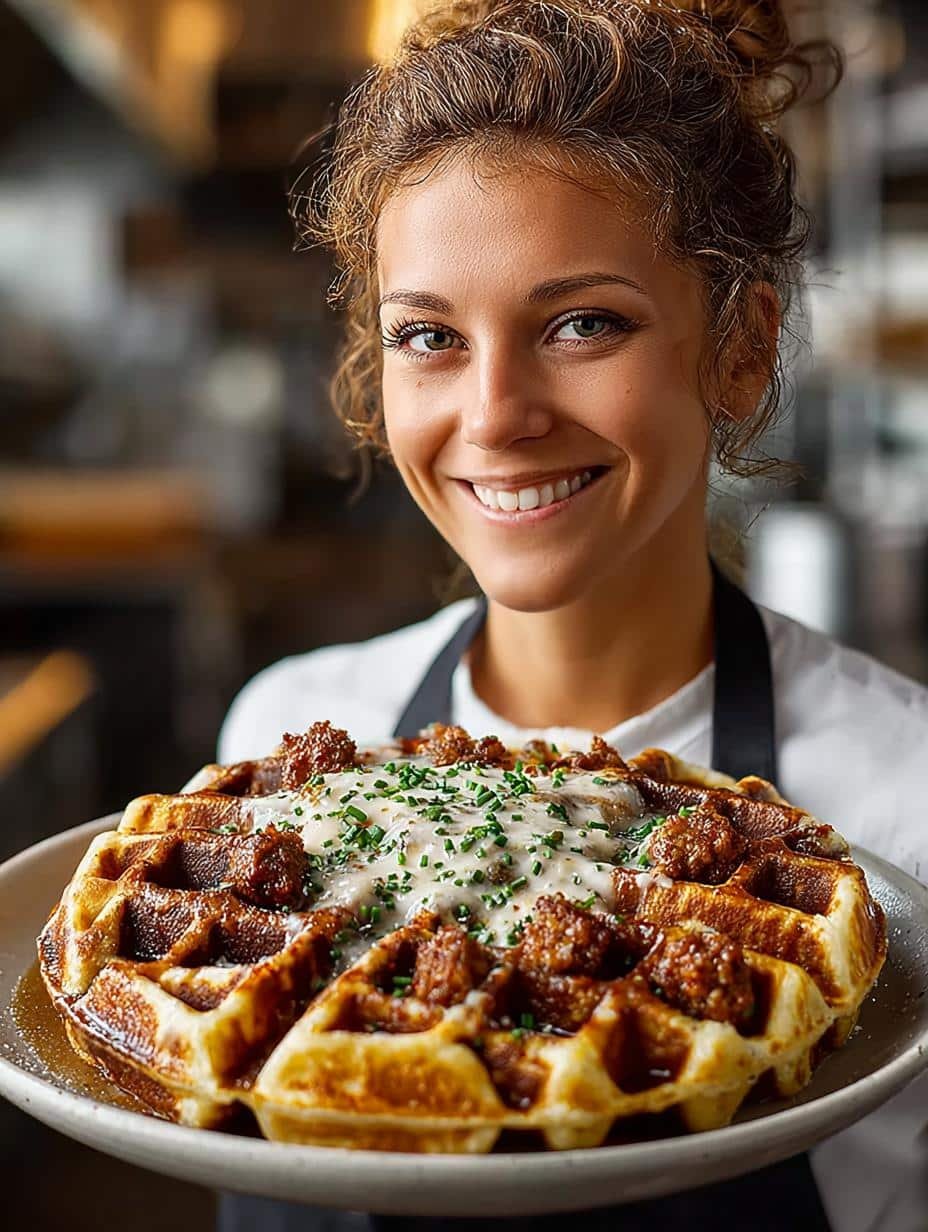 Cheddar Chive Waffles with Savory Sausage Gravy - Cheddar Chive Waffles with - main visual representation