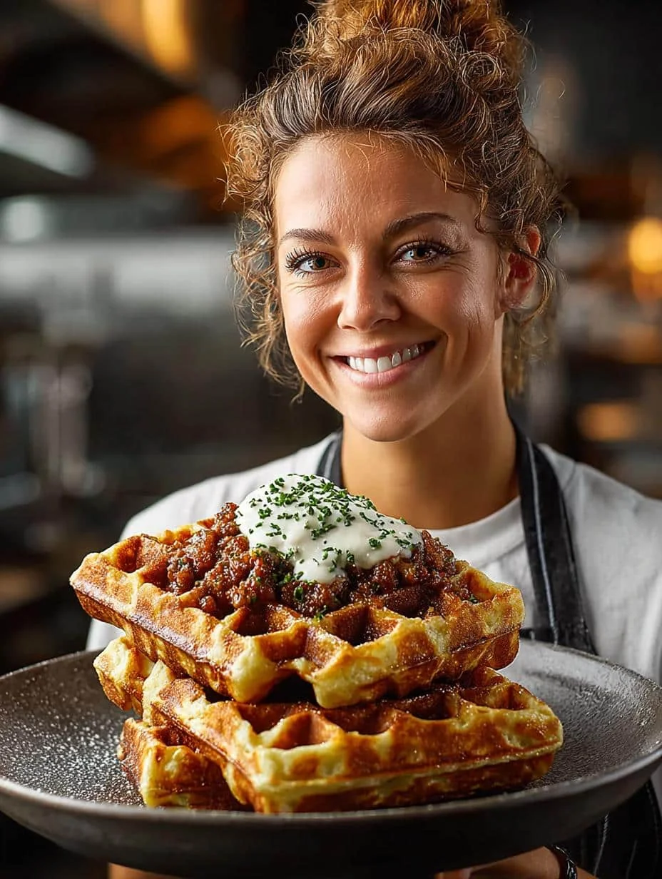 Cheddar Chive Waffles with Savory Sausage Gravy - Cheddar Chive Waffles with - additional detail