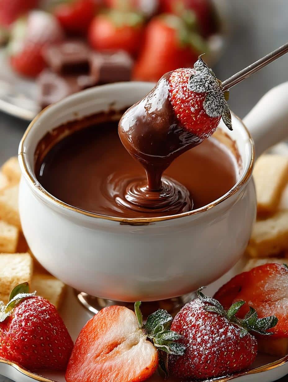 Delicious Chocolate Fondue Home with strawberries and marshmallows ready for dipping
