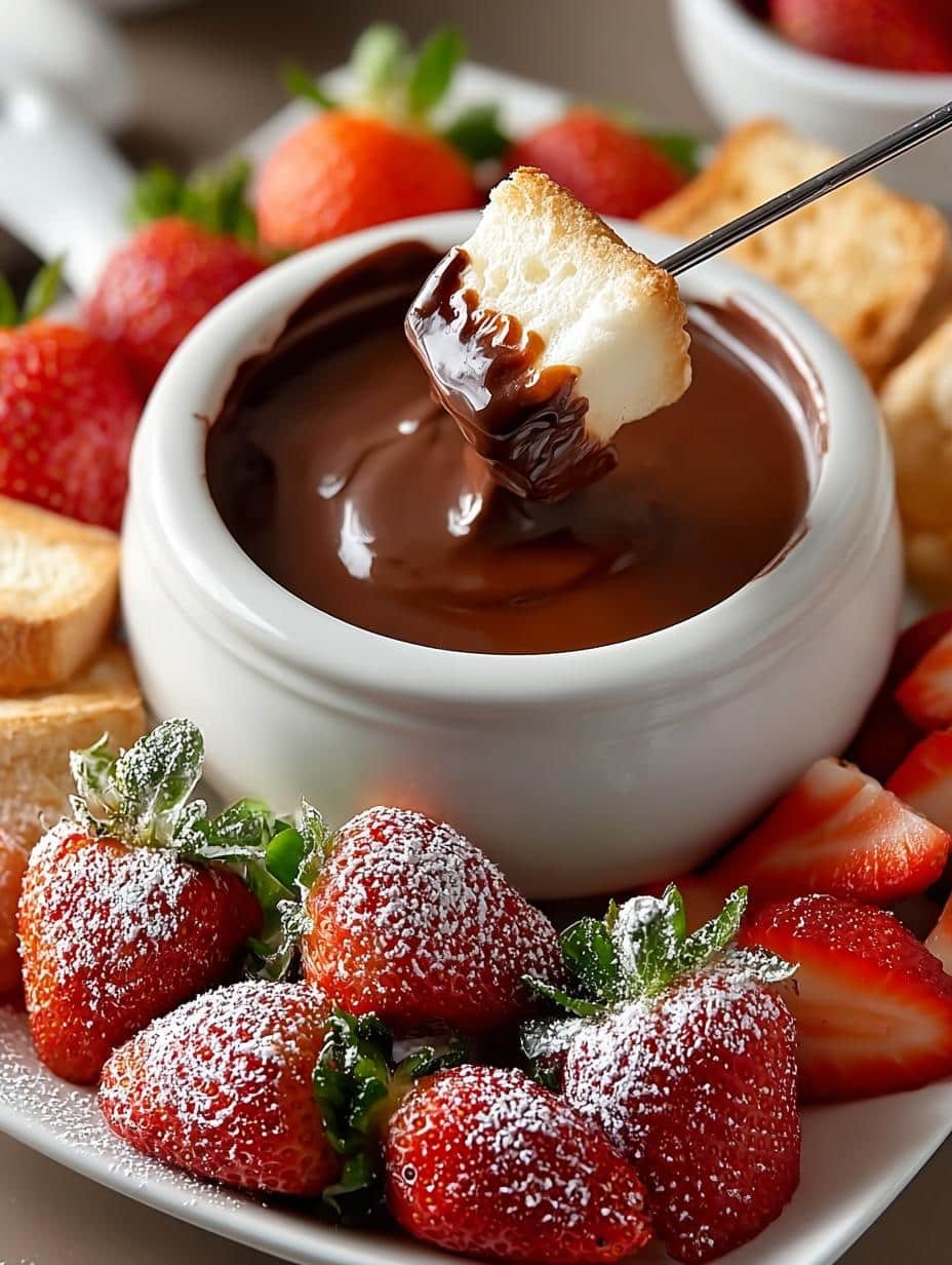 Chocolate Fondue Home served with a variety of dippables including fruits and marshmallows