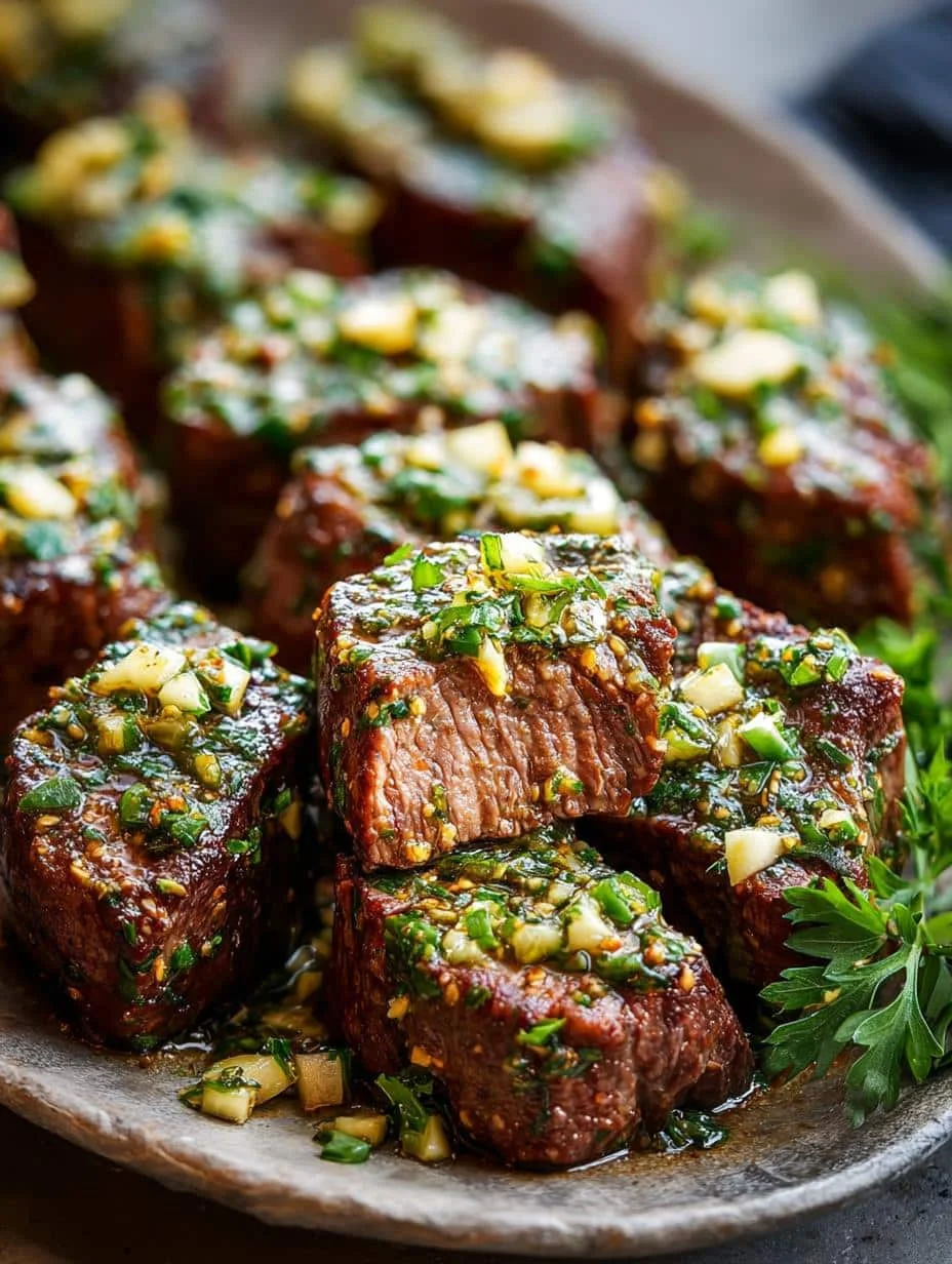 Irresistible Garlic Butter Steak Bites served with fresh herbs